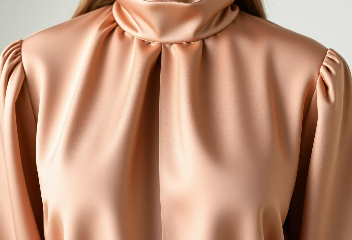 A close-up of a high-neck, long-sleeve satin blouse in a neutral color.