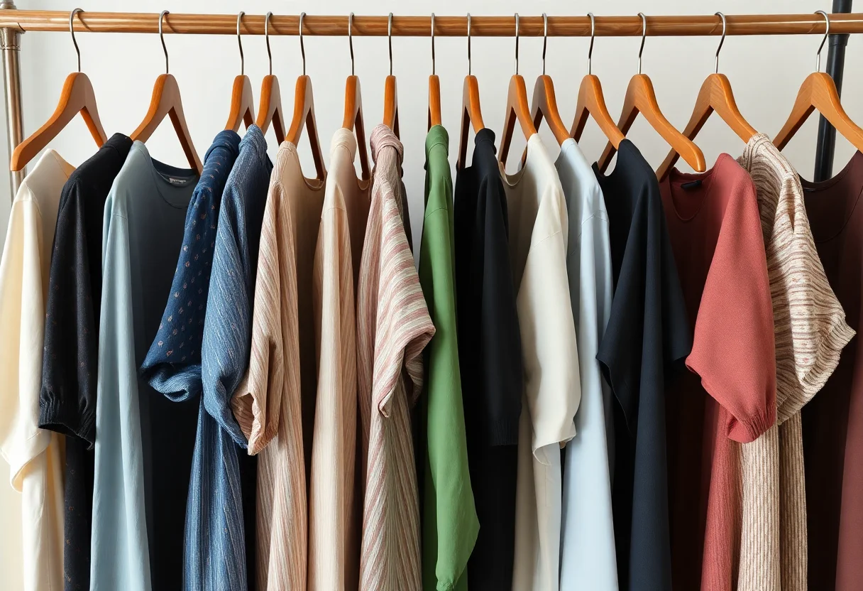A collection of carefully selected modest clothing on wooden hangers.