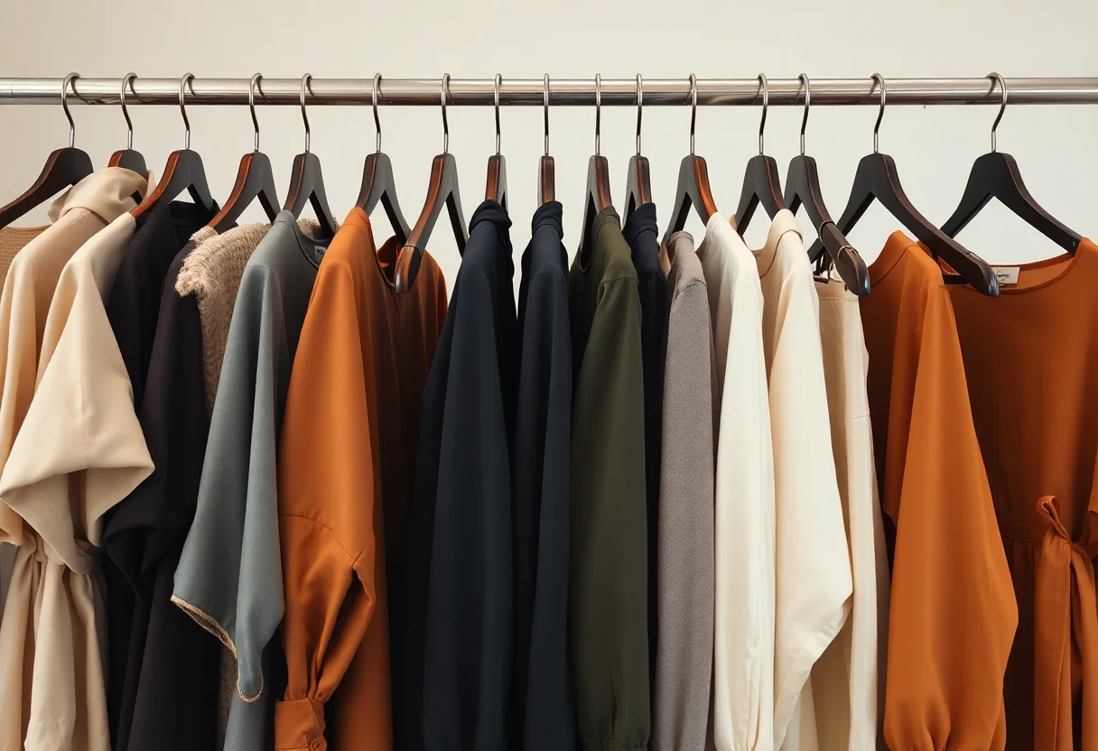 A collection of stylish modest clothing on hangers in earthy tones.