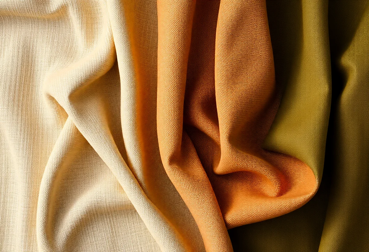 A collection of sustainable fabrics in earth tones like beige, brown, and olive green.