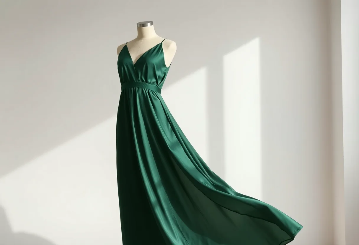 A flowing dark green satin maxi dress on a mannequin.