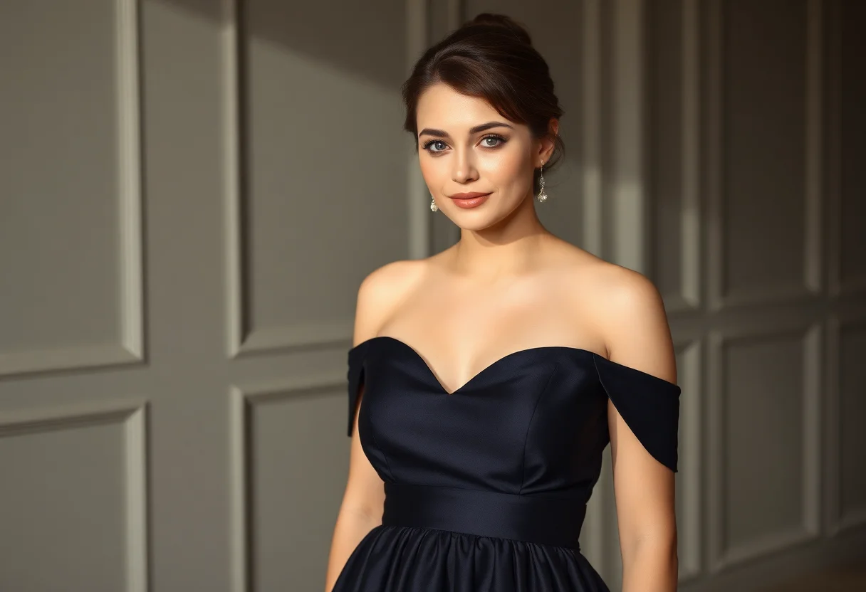 A modest evening gown in a dark, elegant color, suitable for special occasions.