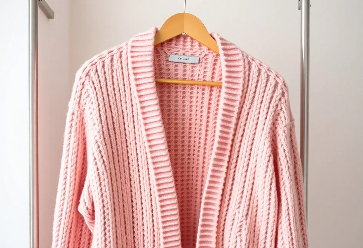 A soft pastel pink knitted cardigan hanging on a rack.