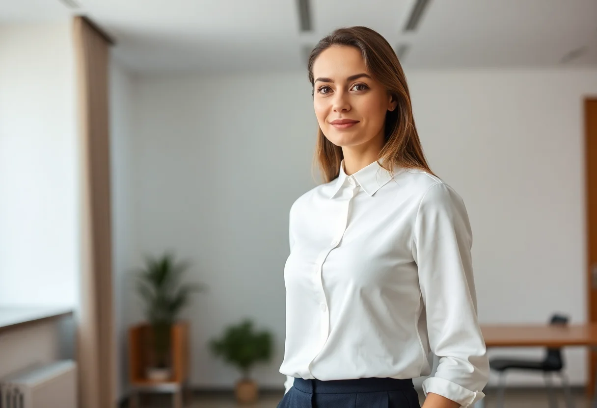A woman in a minimalist white blouse suitable for an office environment.
