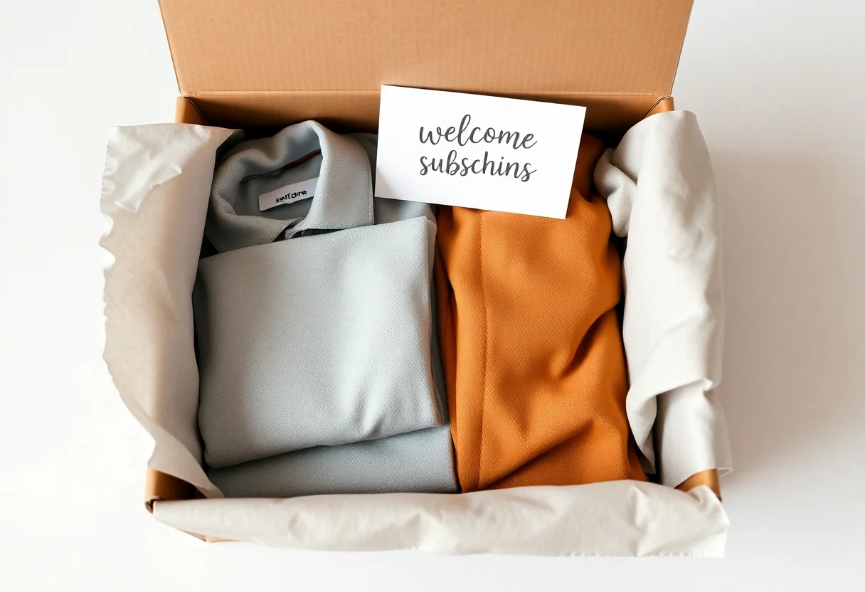 An open subscription box revealing neatly folded modest clothing and a welcome card.