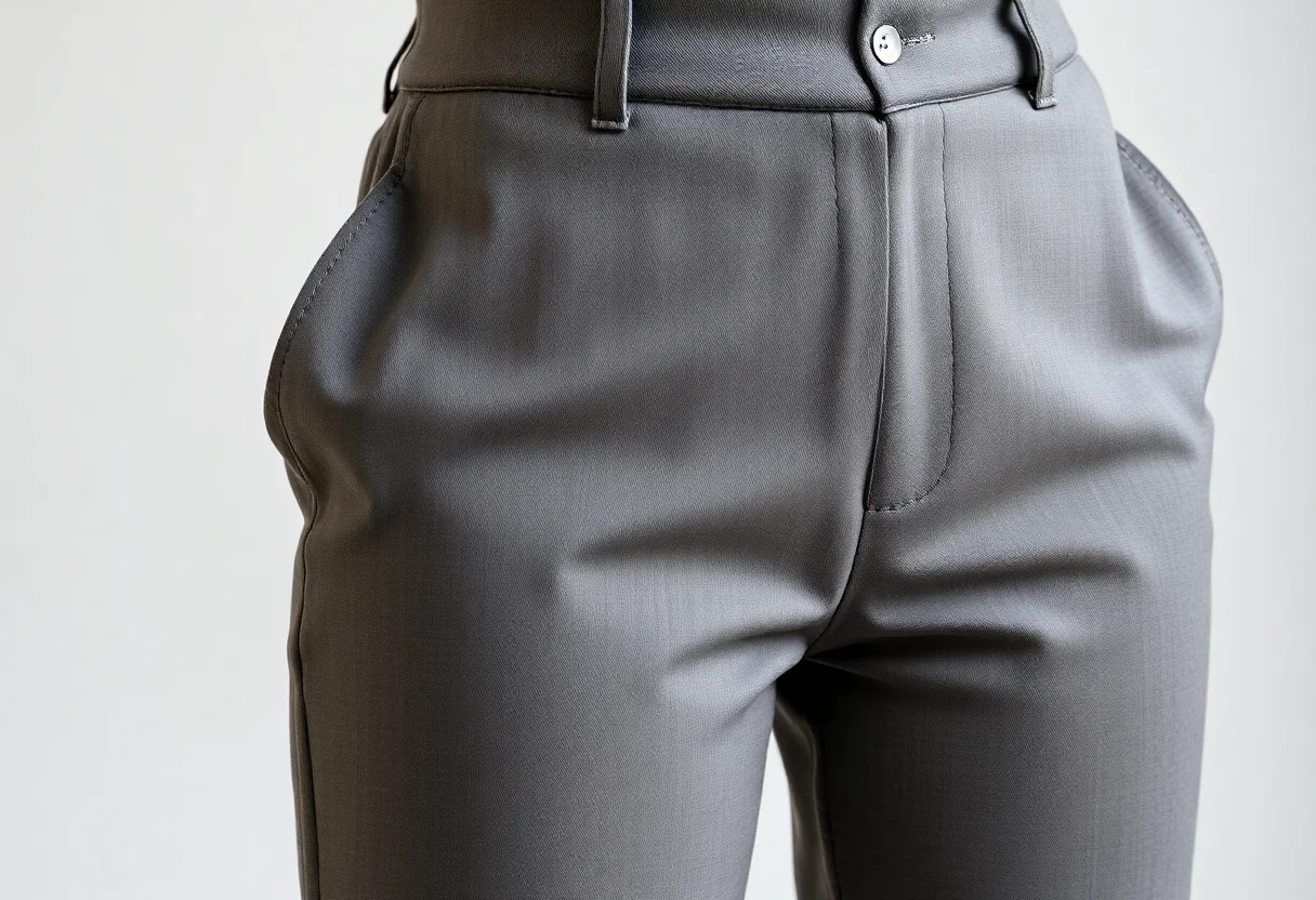 Close-up of high-waisted gray trousers made from quality fabric.