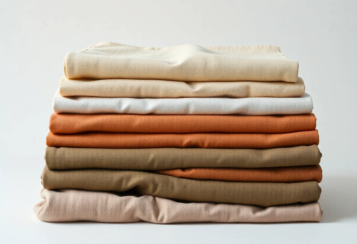 Stack of neatly folded natural fabric clothes in earth tones, symbolizing sustainability and slow fashion.