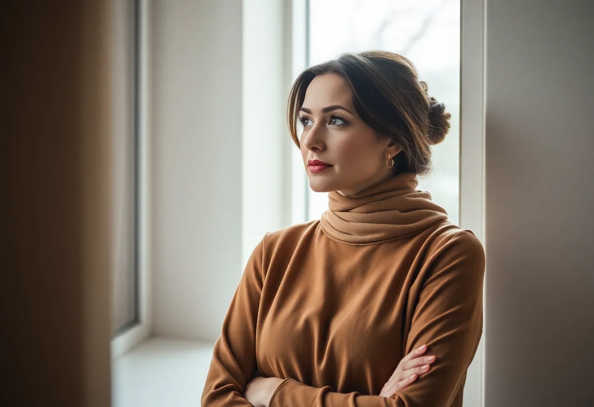 Woman in earth-toned modest clothing looking thoughtfully out a window with soft light.