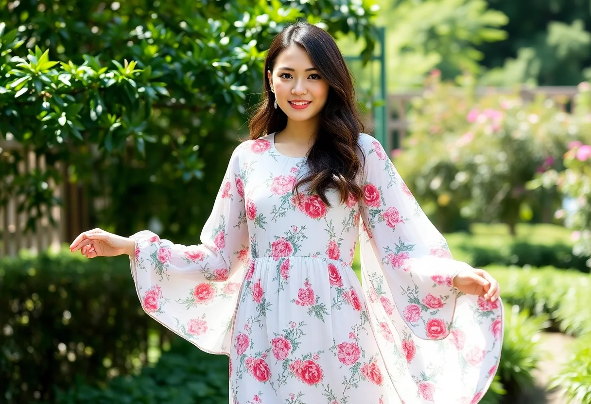 Woman wearing a flowing, long-sleeved floral modest dress in a garden.