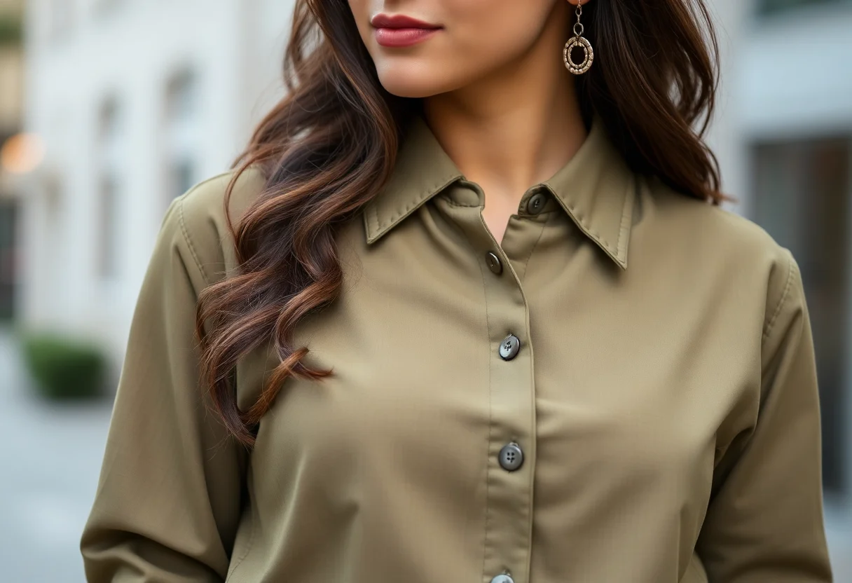 Woman wearing a stylish olive green button-up shirt outdoors.